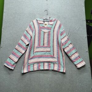 Earth Ragz Women Sweatshirt L Aqua Striped Baja Hoodie Kangaroo Pocket Y2K